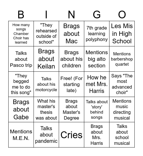 Choir concert bingo Card