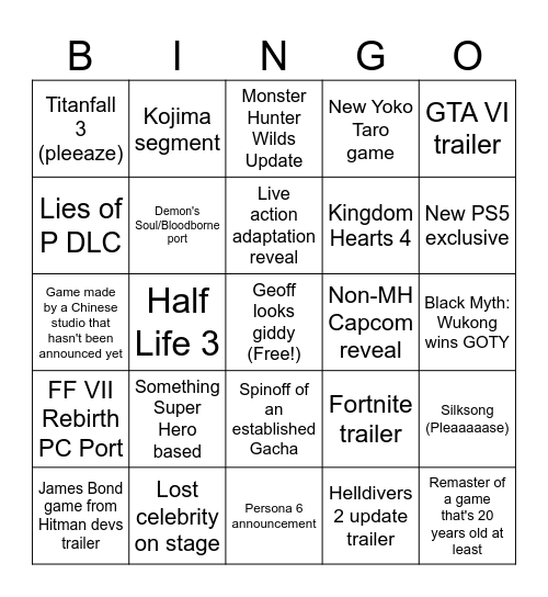 TGA 2024 Bingo Card