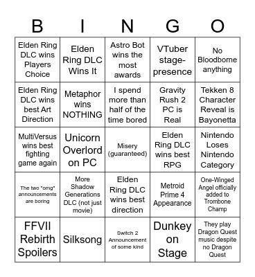 The Game Awards Bingo Card
