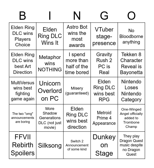 The Game Awards Bingo Card