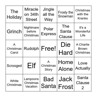 Holiday Movie Bingo Card