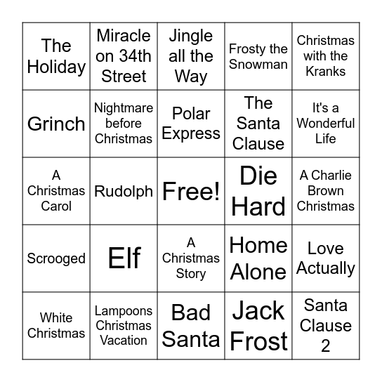 Holiday Movie Bingo Card