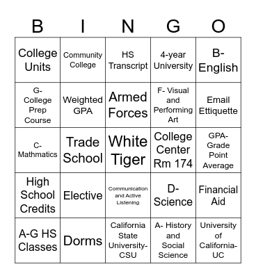 College & Career Readiness Bingo Card