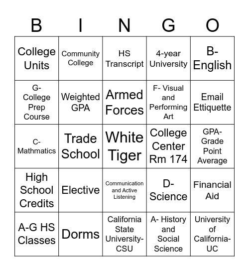 College & Career Readiness Bingo Card