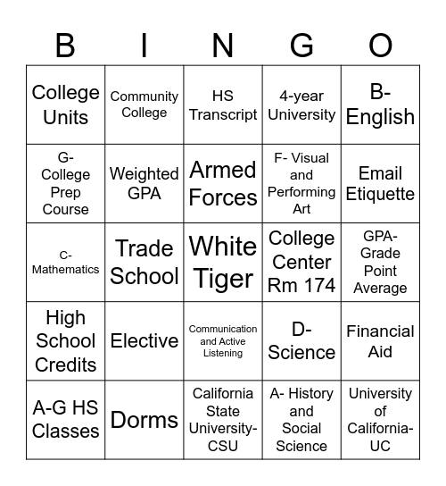 College & Career Readiness Bingo Card