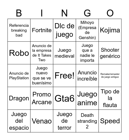 Bingo Game Awards Bingo Card