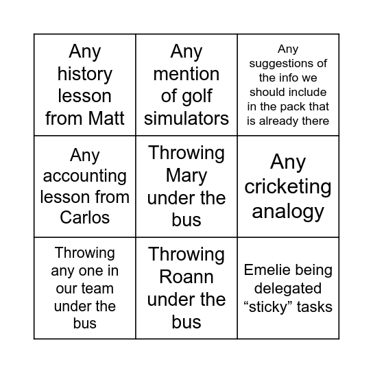 Bad Behaviour Bingo Card