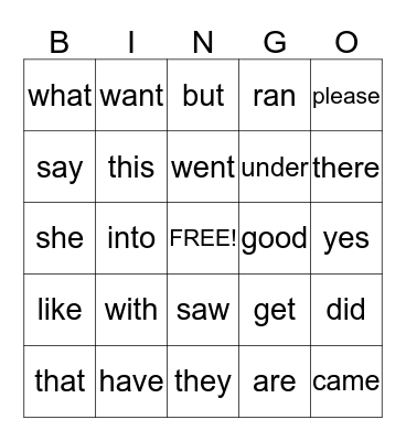 Sight Words Bingo Card