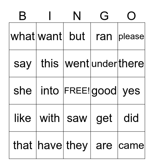 Sight Words Bingo Card
