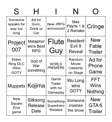 The Game Awards 2024 Bingo Card