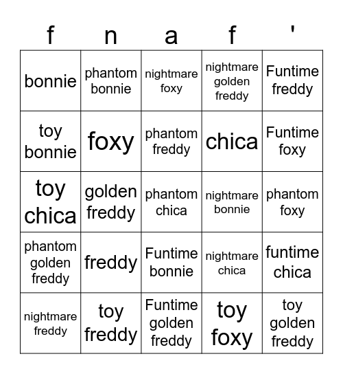 fnaf Bingo Card