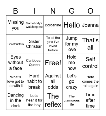 Top Songs of 1984 Bingo Card