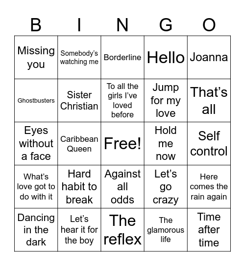 Top Songs of 1984 Bingo Card