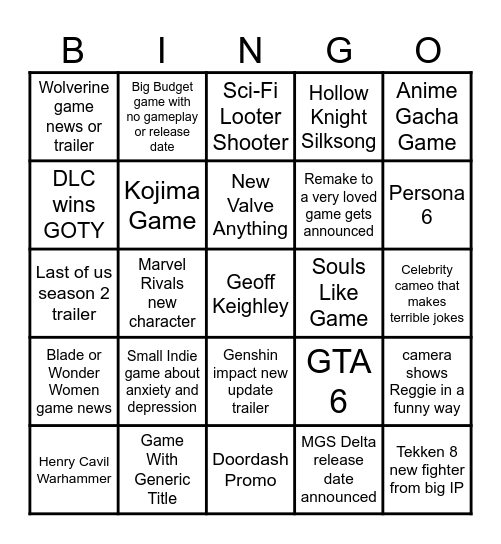 Game Awards Bingo Card