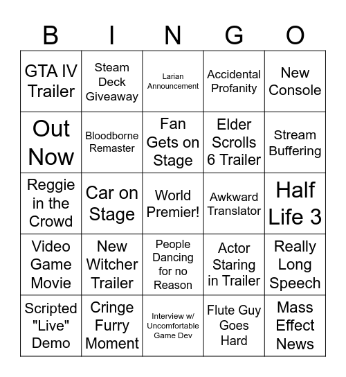 Game Awards Bingo Card