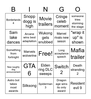 GAME AWARDS Bingo Card