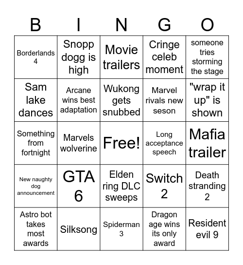 GAME AWARDS Bingo Card
