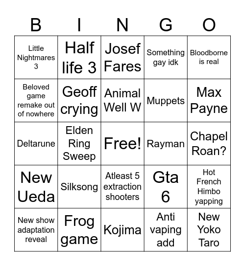Game Awards Bingo Card