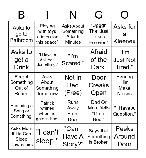 Patrick Go To Sleep Bingo Card