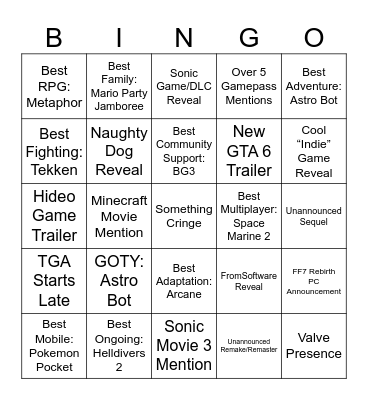 2024 TGA Bingo Card