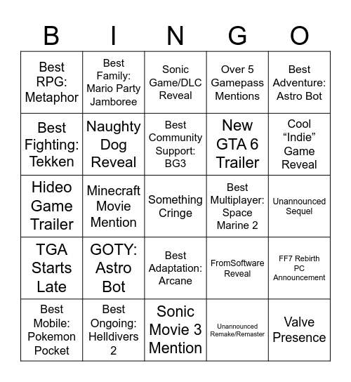 2024 TGA Bingo Card