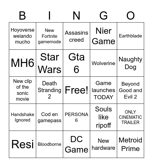 GameAwards Bingo Card