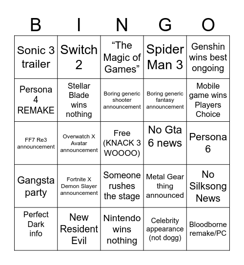 TGA 2025 Bingo Card