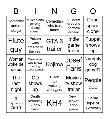 Game Awards 2024 Bingo Card