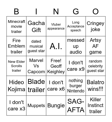 Game Awards 2024 Bingo Card