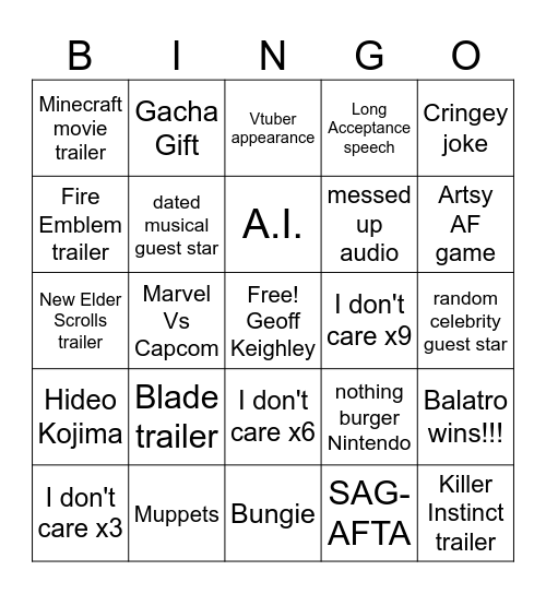 Game Awards 2024 Bingo Card