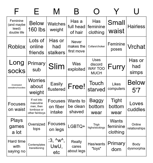 Femboy Bingo Card