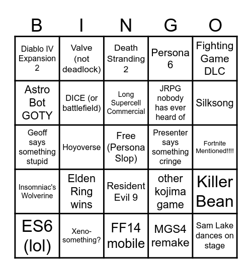 TGA 2024 Bingo Card