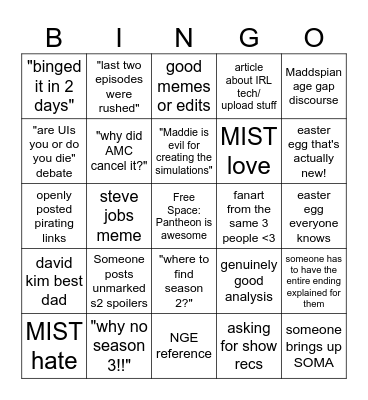 Pantheon Subreddit Bingo Card