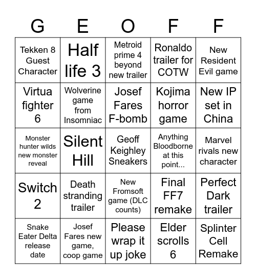 The Game Awards Bingo Card