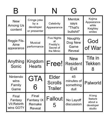 Game Awards 2024 Bingo Card