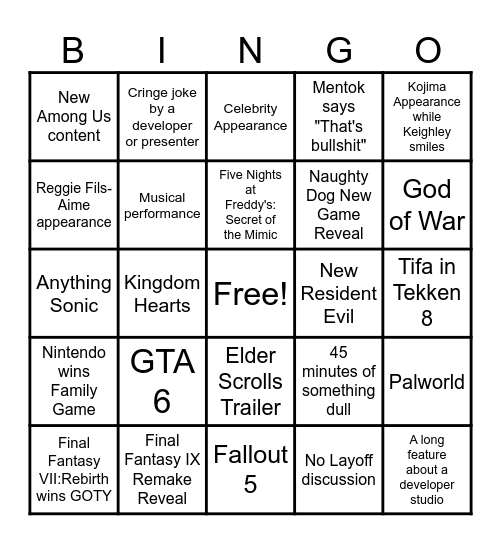 Game Awards 2024 Bingo Card