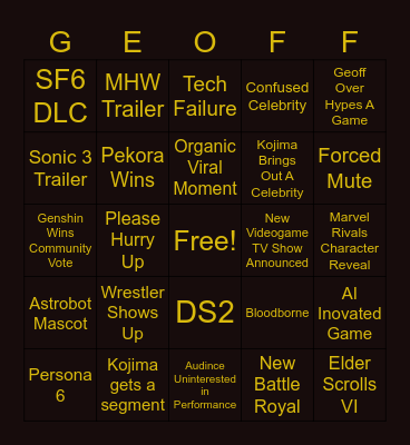 Game Awards Bingo Card