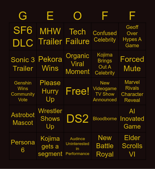 Game Awards Bingo Card