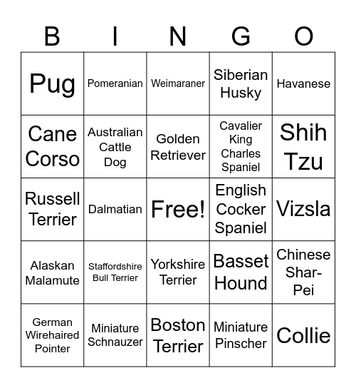 Dog Breed Bingo Card