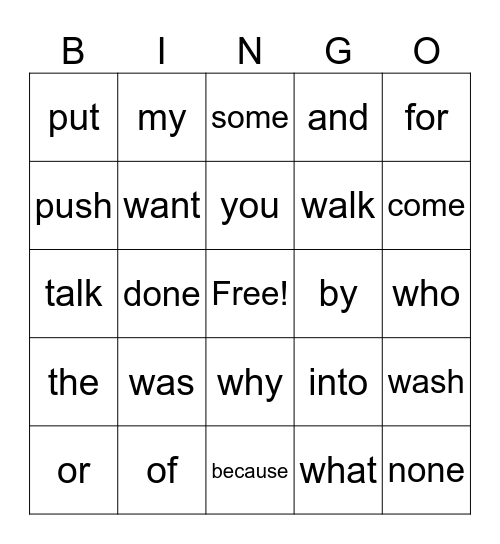 Heart Words Bingo Card