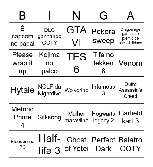 Bingo do TGA Bingo Card