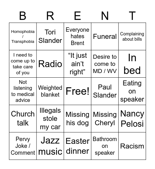 Brent Bingo Card