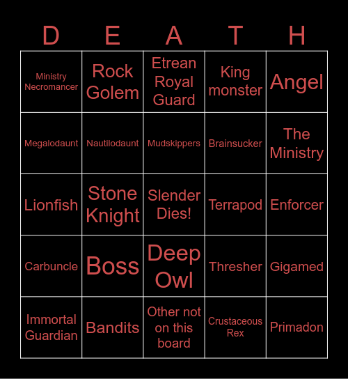 Slender's Deepwoken Death Bingocard Bingo Card