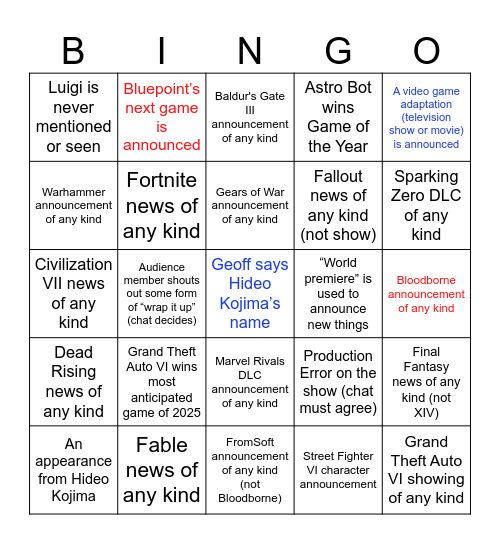 AM'S EG TGA C/O GK BB BB Bingo Card