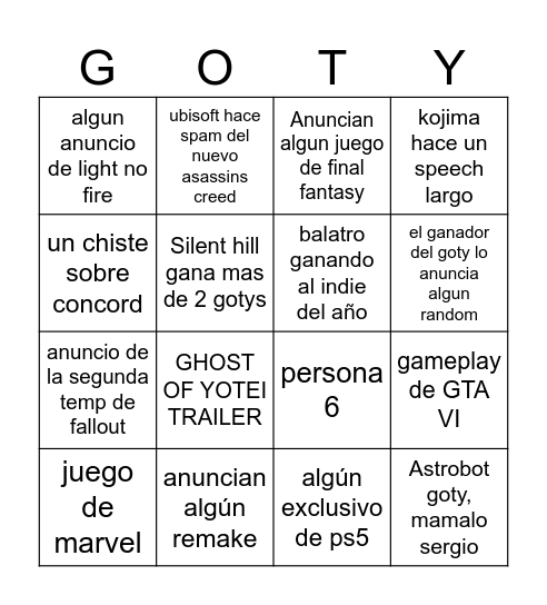 GOTY! Bingo Card