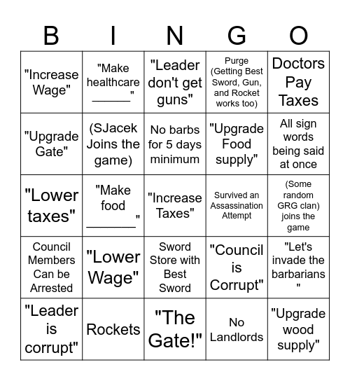 GRG in game BINGO Card