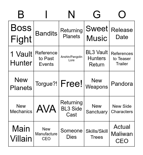 BL4 Trailer Predictions Bingo Card