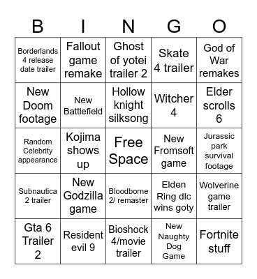 Game Awards Bingo Card