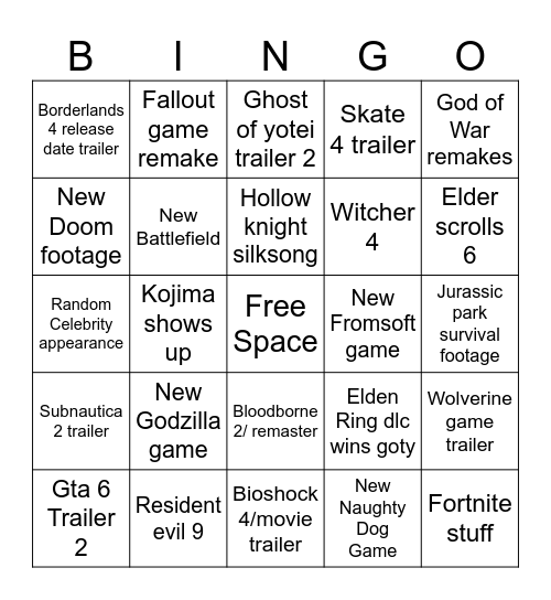 Game Awards Bingo Card