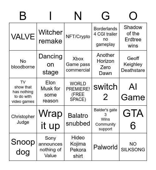 Game awards Bingo Card